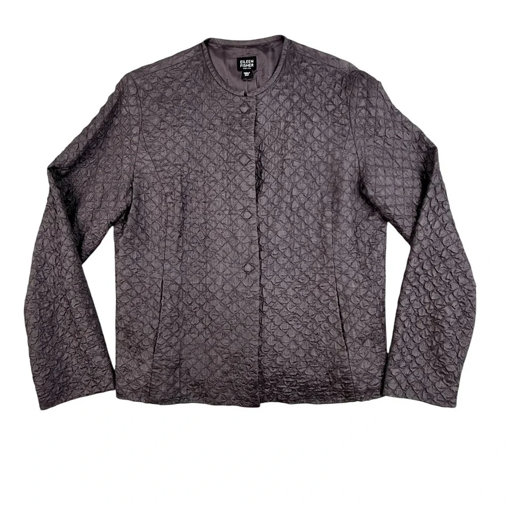 Eileen Fisher Jacket Women Petite Medium Purple Silk Quilted‎ Textured Pockets